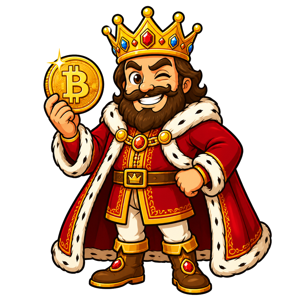 BonusRoyal cartoon king mascot holding a Bitcoin